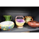 A selection of ceramics including Majolica fruit basket and art deco water jugs