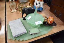 A selection of items including green glass tray and dish also some treen wood items