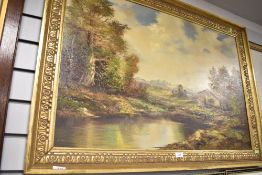 A large oil on canvas of a riverside dwelling signed Gaiermann
