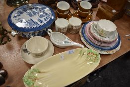 A selection of ceramics including Clarice Cliff long bowl and Goss tea cup and saucer