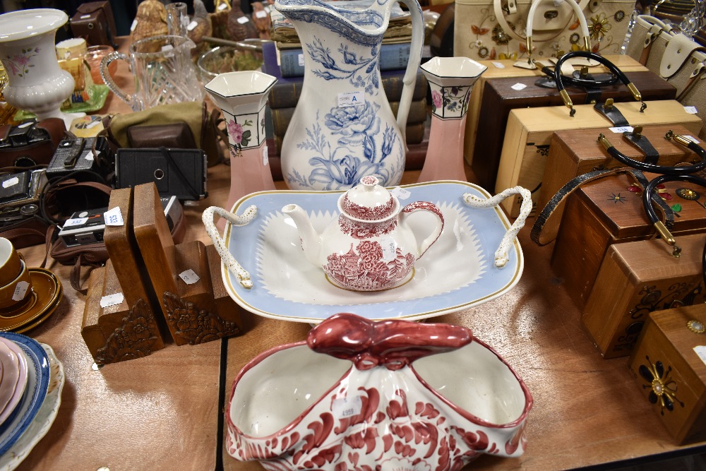 A selection of ceramics including twin handle porcelain bowl and rose and lily water jug