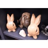 Two mid century figures of rabbits by Sylvac and a walrus figure AF