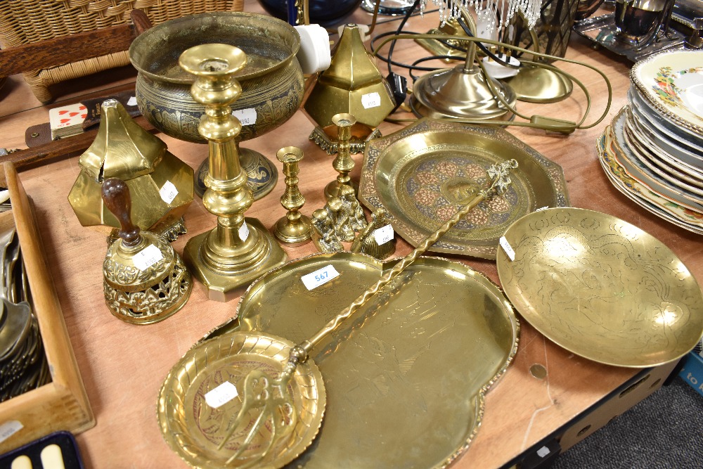 A selection of brass wares including middle eastern examples and footed bowl