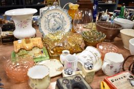 A selection of ceramics and glass wares including carnival lustre and cottage ware butter dish