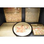 A collection of antique samplers, three having dates of 1825,1851 and 1878.
