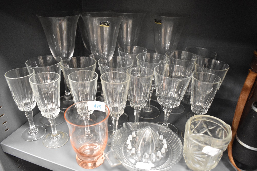 A selection of glass wares including pink etched vase and wine glasses including Crystalite Bohemia