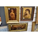 Three late Victorian crystoleum pictures two being female portraits and a third depicting mythical