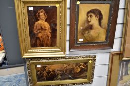 Three late Victorian crystoleum pictures two being female portraits and a third depicting mythical