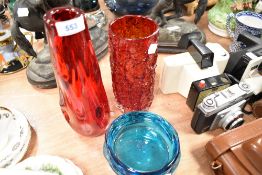 Three pieces of White friars style glass including aqua blue dish and a ruby red knobbly vase and