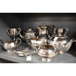 A selection silver plated tea wares including Settle presentation tea pot and Hm silver table spoon