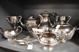 A selection silver plated tea wares including Settle presentation tea pot and Hm silver table spoon