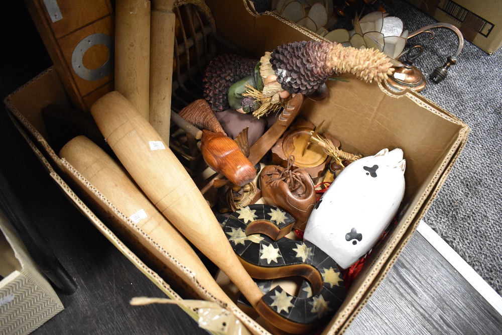 A selection of treen wood items including carved pig figure, batons and signage