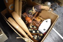 A selection of treen wood items including carved pig figure, batons and signage