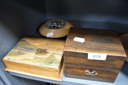 Two small boxes one being a hand decorated smokers humidor