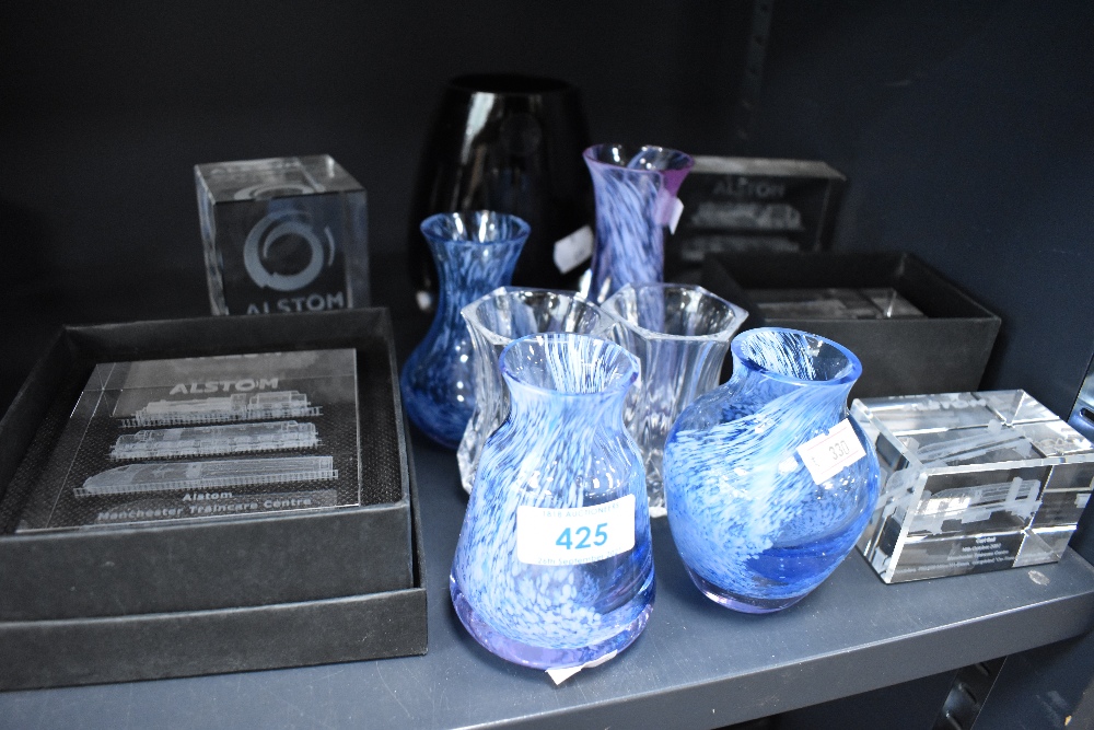 Four Caithness vases and similar glass wares including Alstom paper weights