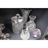 A selection of crystal clear cut glass including biscuit jar and vase etc