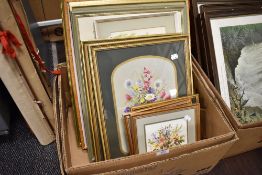 A selection of pictures and picture frames including botanical prints