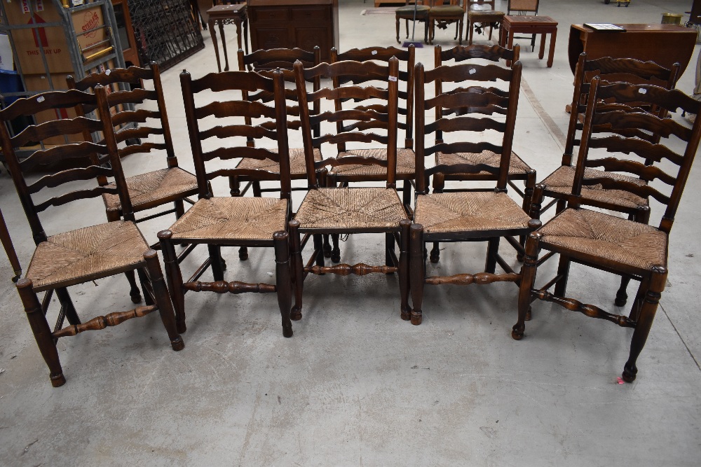 A Harlequin set of ten 18th Century and later rush seated ladder back chairs (being sold for St
