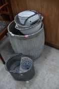 A selection of vintage kitchen and laundry items including dolly tub, mob bucket, enamelled colander