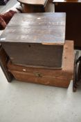 A 19th Century stained frame 'showman's' box, dimensions. 47 x 38 x 31cm ad a rustic tin travel
