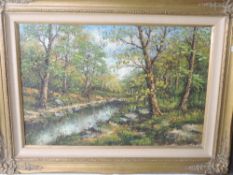 An oil painting, BLT, woodland landscape, indistinctly signed, 38 x 48cm, plus frame