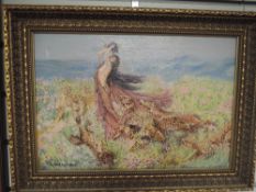 An oil painting, A Wardle, muse with leopards, signed and dated 1909, 27 x 39cm, plus frame and