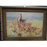 An oil painting, A Wardle, muse with leopards, signed and dated 1909, 27 x 39cm, plus frame and