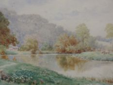 A watercolour, E H Morton, river landscape, signed, 24 x 39cm, plus frame and glazed