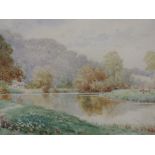 A watercolour, E H Morton, river landscape, signed, 24 x 39cm, plus frame and glazed