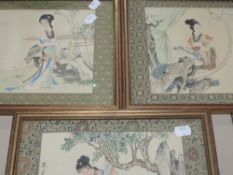 Three fabric pictures, Japanese geisha, inc 19 x 22cm, each plus frame and glazed