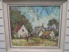 An oil painting on board, George Deakins, cottages in landscape, signed and dated (19)75, and