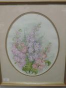 A watercolour, Joanne Watson, still life, oval, 35 x 28cm, plus frame and glazed