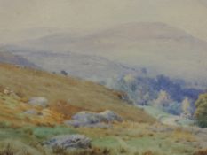 A watercolour, E H Morton, fellside landscape, signed 26 x 36cm, plus frame and glazed