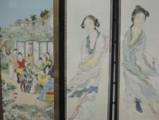 A print, J M Kronheim and Co, Japanese tea party, 62 x 26cm, and a pair of prints, Norbury Natzio