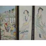 A print, J M Kronheim and Co, Japanese tea party, 62 x 26cm, and a pair of prints, Norbury Natzio