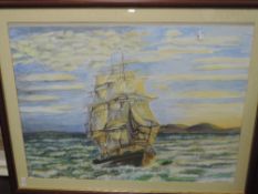 A watercolour, galleon at sea, 53 x 72cm, plus frame and glazed