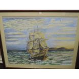 A watercolour, galleon at sea, 53 x 72cm, plus frame and glazed