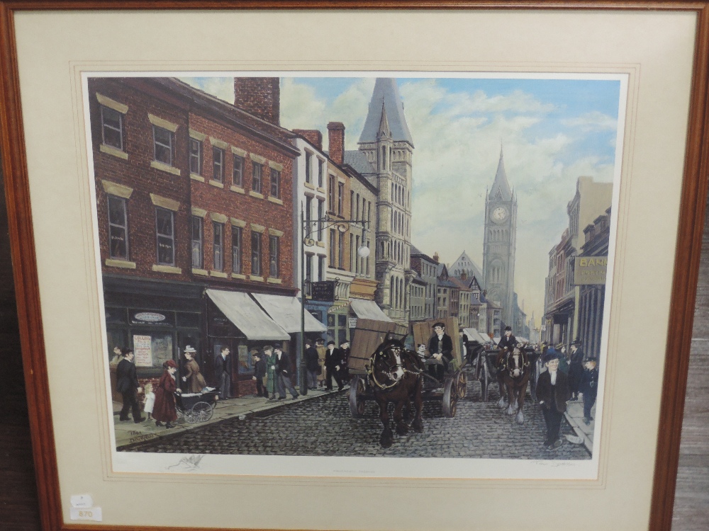 A print, after Tom Dodson, Fishergate Preston, signed, 44 x 52cm, plus frame and glazed