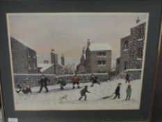 A print, after Tom Dodson, sledging, signed, 38 x 46cm, plus frame and glazed