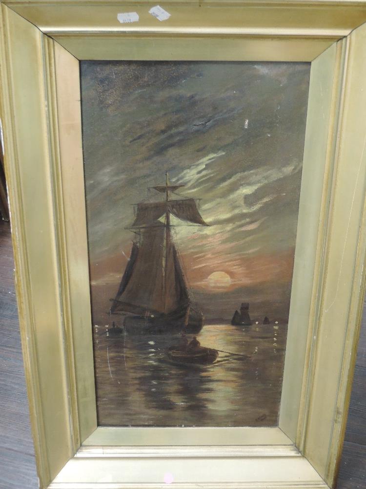 A pair of oil paintings, E Clegg, moonlit sails, signed and dated 1910, 60 x 30cm, plus frame and - Image 2 of 2