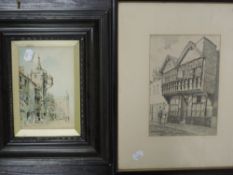 A watercolour, J Anderson, Flemish town, signed and dated 1902, 18 x 12cm, a pen and ink sketch, W R