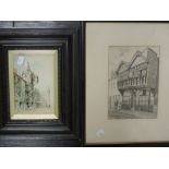 A watercolour, J Anderson, Flemish town, signed and dated 1902, 18 x 12cm, a pen and ink sketch, W R