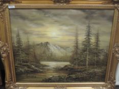 An oil painting, Gorman, mountain and lake landscape, 50 x 60cm, plus frame