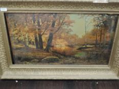 A textured print, after Wood, autumn forest, 40 x 67cm, plus frame