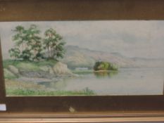 A watercolour, J S Elliott, lake landscape, signed, 19 x 38cm, plus frame and glazed