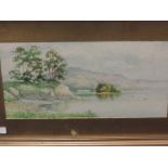 A watercolour, J S Elliott, lake landscape, signed, 19 x 38cm, plus frame and glazed