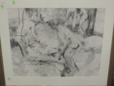 A pencil sketch, Goodall, sheep shearing, 54 x 67cm, plus frame and glazed