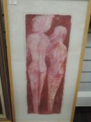 A mixed media painting, stylised bodies, 70 x 25cm, plus frame and glazed