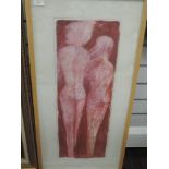 A mixed media painting, stylised bodies, 70 x 25cm, plus frame and glazed