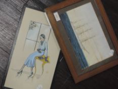 A watercolour, A Mercer, Thirties lady, signed and dated 1933, 33 x 17cm, plus frame and glazed, and